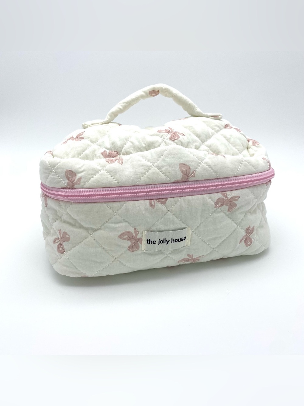The Jolly House White Pink Bow Print Quilted Makeup Bag Zipper Handle